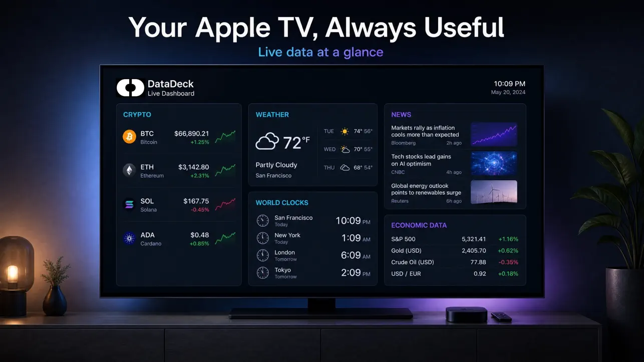 DataDeck App Store preview showing crypto, weather, news, world clocks and economic data on an Apple TV display