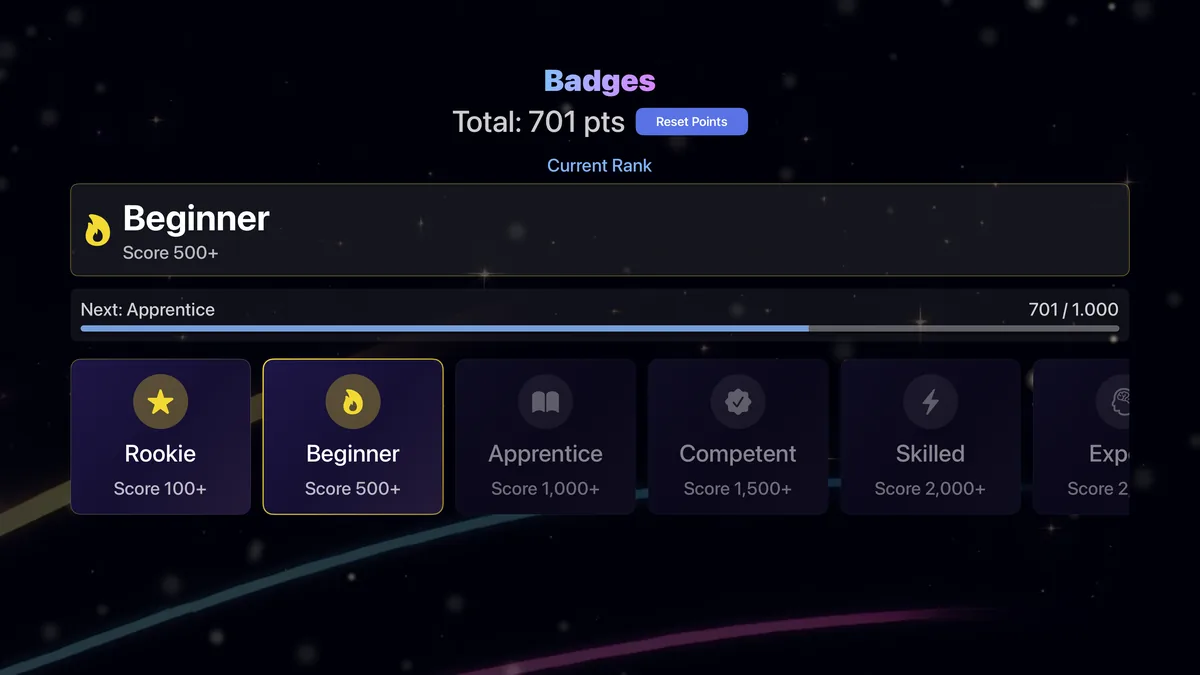 Badges and rank progression screen