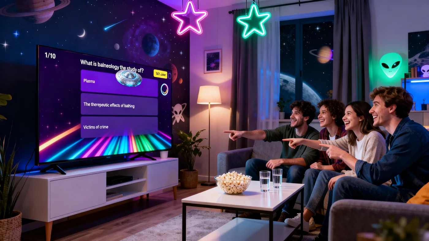 Friends enjoying Quesly Trivia on Apple TV