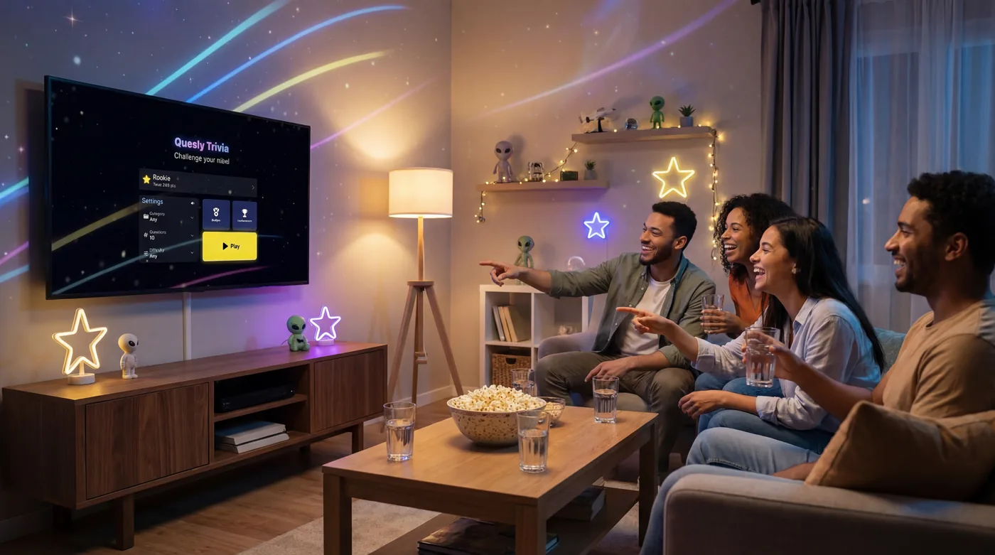Friends enjoying Quesly Trivia in the living room